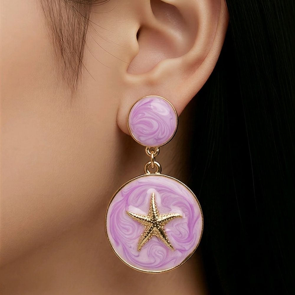 Gold Sand Dollar Dangle Earrings Purple Disc Coastal Beach Jewelry Vacation